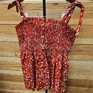 SHEIN Red Floral Buttoned Smocked Blouse